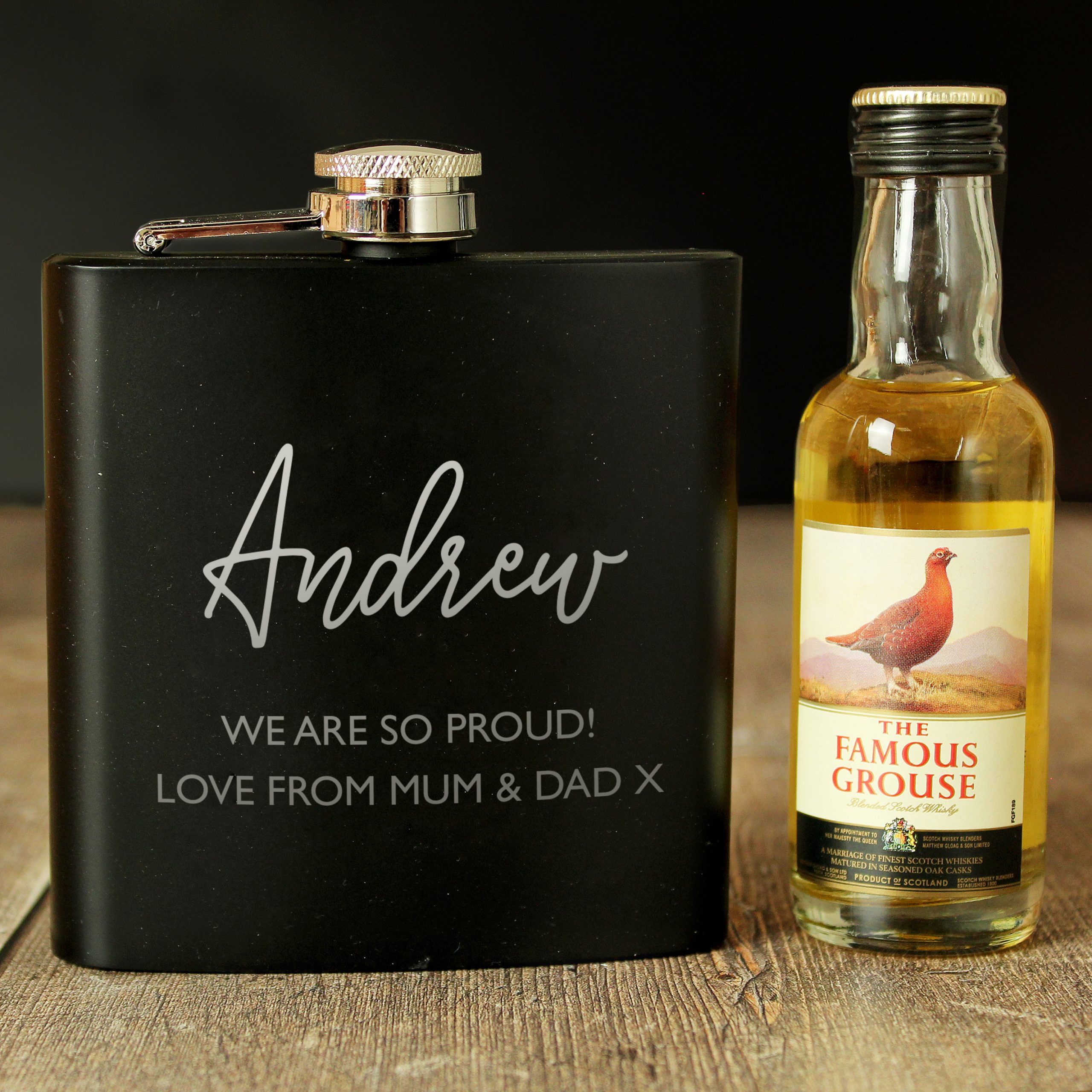 Personalised Free Text Hip Flask and Grouse Miniature Set